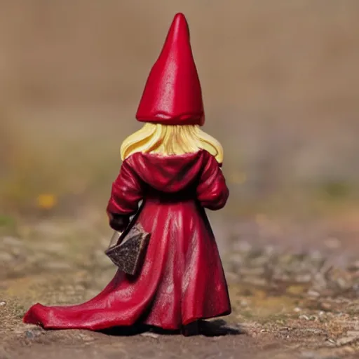 Image similar to 80mm resin model figure female gnome wearing long red coat and holding open spellbook, highly textured, fantasy, D&D, HDR, , natural light, medium close shot, tilt shift, dynamic pose, award winning photograph!, Mucha style