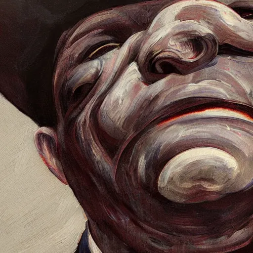 Image similar to low angle of the butcher's face, closeup of a butcher working, artwork by craig bullins