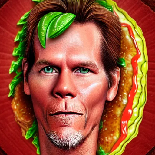 Image similar to ultra detailed kevin bacon on a slice of bacon in a hamburger rendered by octane digital painting inspired by arcimboldo