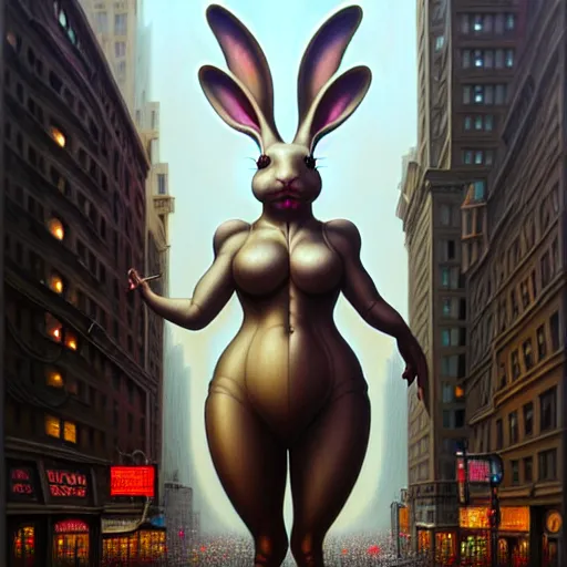 Image similar to gigantic crying bunny in the middle of downtown new york, intricate, elegant, highly detailed, centered, digital painting, artstation, concept art, smooth, sharp focus, illustration, artgerm, Tomasz Alen Kopera, Peter Mohrbacher donato giancola, Joseph Christian Leyendecker, WLOP, Boris Vallejo