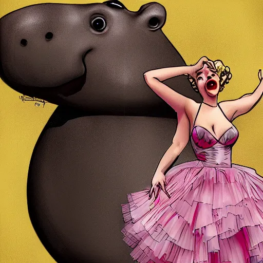 Image similar to hippo in a tutu whose dress is being blown up like Marilyn Monroe’s in seven year itch, artstation, sharp focus, detailed