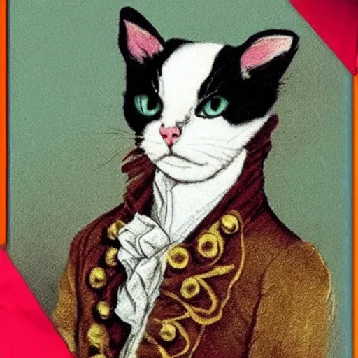 Image similar to a calico cat dressed as mozart