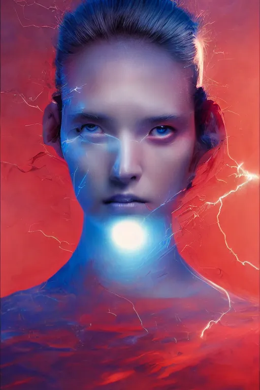 Prompt: 3 d, sci - fi, morning, sleepy fashion model face, sun, cinematic, lightning clouds, vogue cover style, stanley kubrick, light red and deep blue mood, realistic painting, intricate oil painting, high detail, figurative art, multiple exposure, poster art, 3 d, by tooth wu and wlop and beeple and greg rutkowski