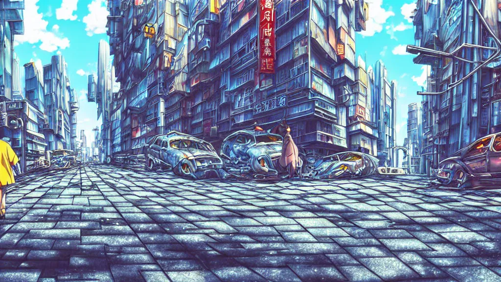 Prompt: a high detailed realistic astonishing wide lens street image, skyscrappers are melting on the sun, melted steel on the street, drops of melted steel, anime cartoon by hayao miyazaki, cartoonish style