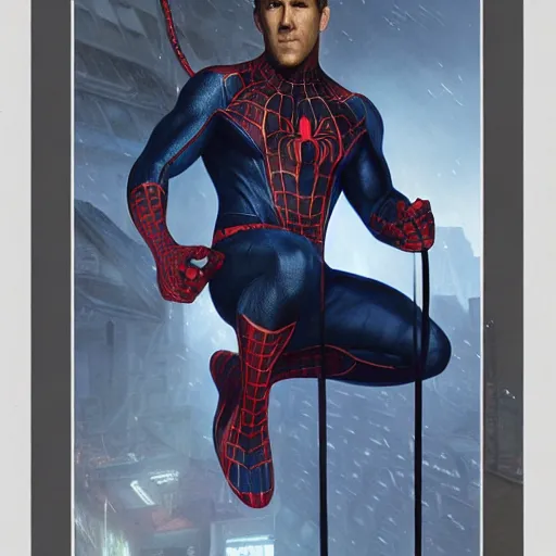 Image similar to ryan reynolds as a black and blue suit spider - man, cinematic, volumetric lighting, f 8 aperture, cinematic eastman 5 3 8 4 film, photorealistic by greg rutkowski, by stanley artgerm, by alphonse mucha