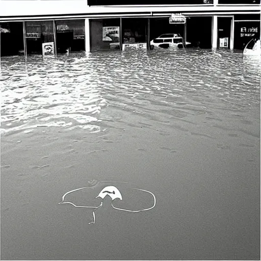 Prompt: “ gray aliens in a flooded 7 eleven parking lot, hyperdetailed ”