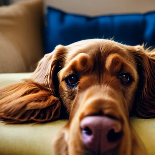 Prompt: a cute spaniel, Labrador and golden retriever spread out on a plush blue sofa. Award winning photograph, soft focus, depth of field, rule of thirds, national geographic, golden hour, style of Vogelsang, Elke