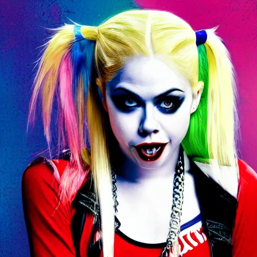 Image similar to an potrait of Avril Lavigne play Harley Quinn, 4k