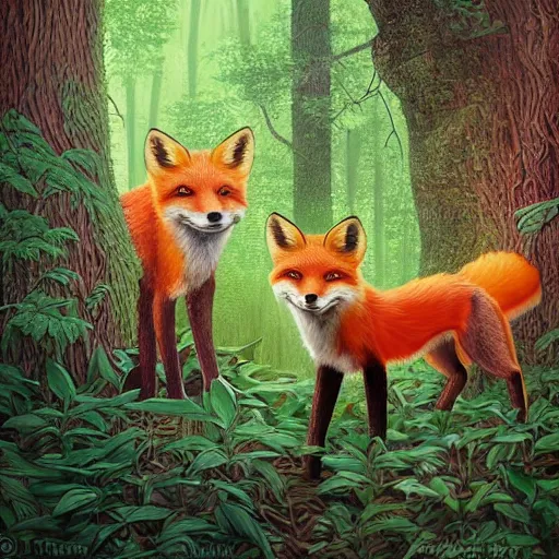 Image similar to a red fox and a ginger teen girl at dark forest where trees are huge, ultra realistic by ori toor and escher