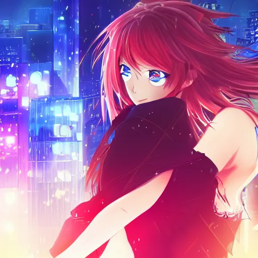 Image similar to beautiful young female anime! ninja with extremely detailed eyes action pose, neon city, raining, dramatic, 8 k