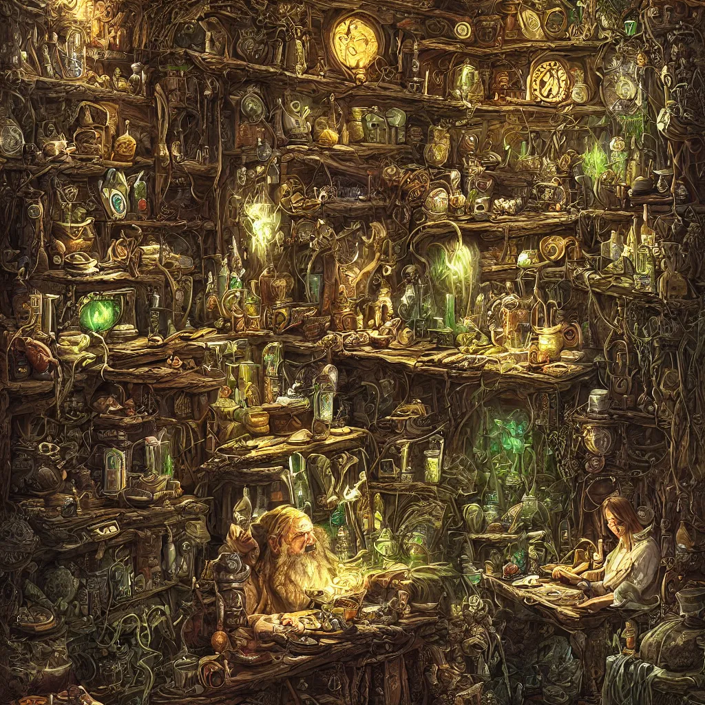 Prompt: ancient druid brewing in his mystic laboratory, highly detailed digital art