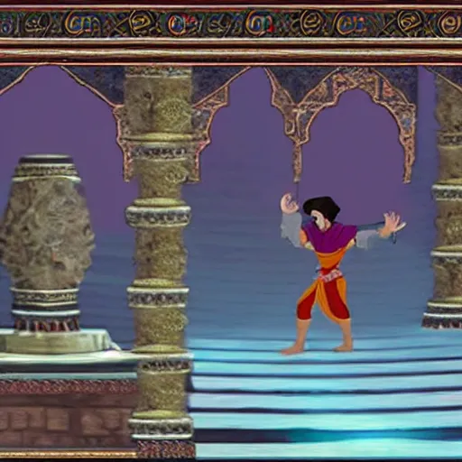 Prompt: a screenshot from prince of persia where the prince is doing a dance