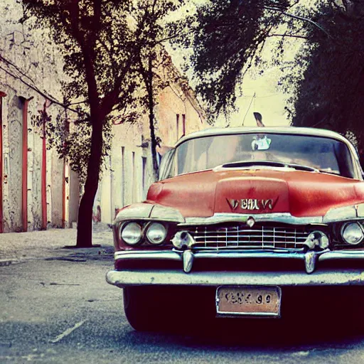 Image similar to low angle photo car in soviet town in mid day by william egglestone, bokeh