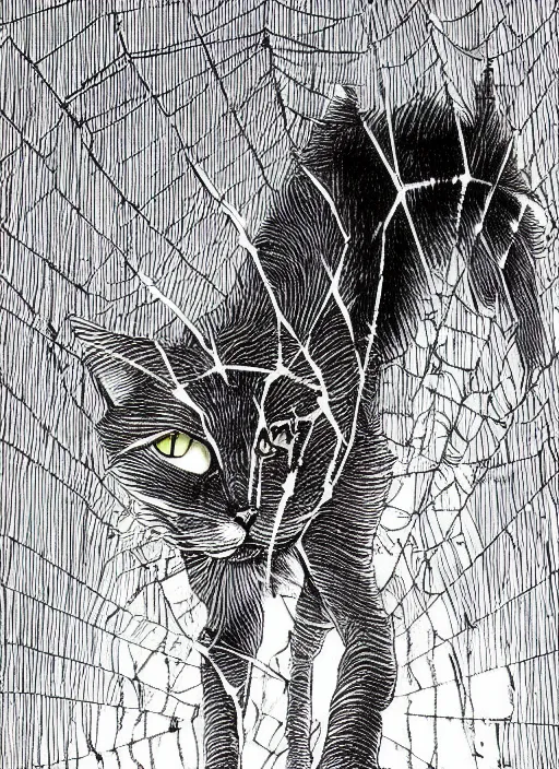 Image similar to a cat with spider legs and spider eyes, walking towards camera, highly detailed, by junji ito.