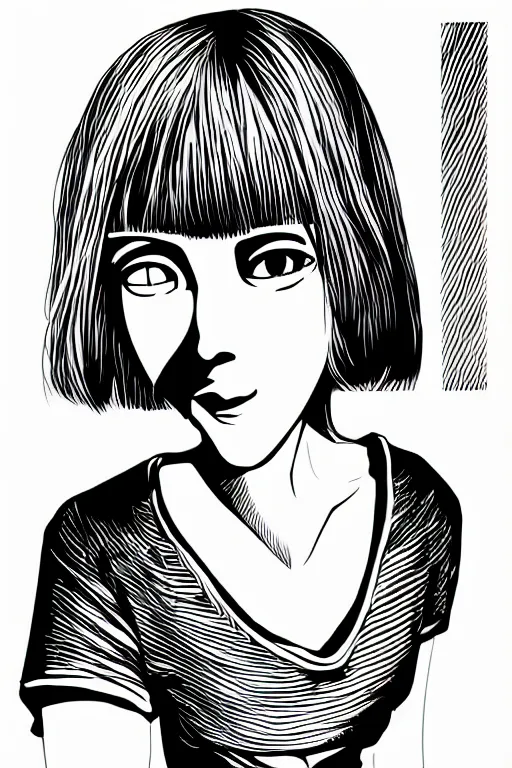 Image similar to portrait of a girl in long pants and a top, hands in pockets, eyes closed, bob haircut, digital art, black and white, lineart by junji ito