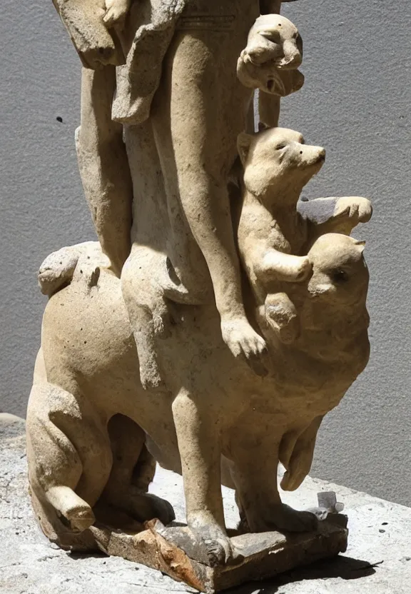 Image similar to ancient roman statue of a shiba inu feeding its young