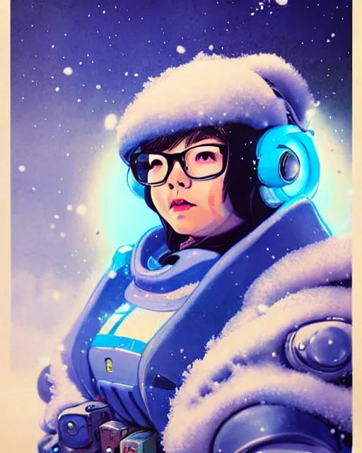 Image similar to mei from overwatch, character portrait, ice, cold, snow, portrait, close up, concept art, intricate details, highly detailed, vintage sci - fi poster, retro future, in the style of chris foss, rodger dean, moebius, michael whelan, and gustave dore