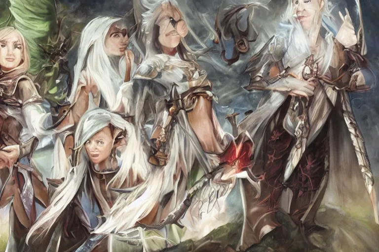 Image similar to dungeons and dragons fantasy painting of elven soldiers, white hair, determined expressions, anime inspired