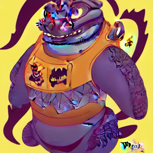 Image similar to in the style of artgerm, loish and ross tran, anthropomorphic alligator, symmetrical face, symmetrical eyes, red scales on his back, yellow scale on his belly and chest, male, waring a hawaiian shirt, in the style of zootopia