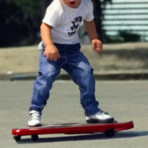 Image similar to baby nicolas cage skateboarding