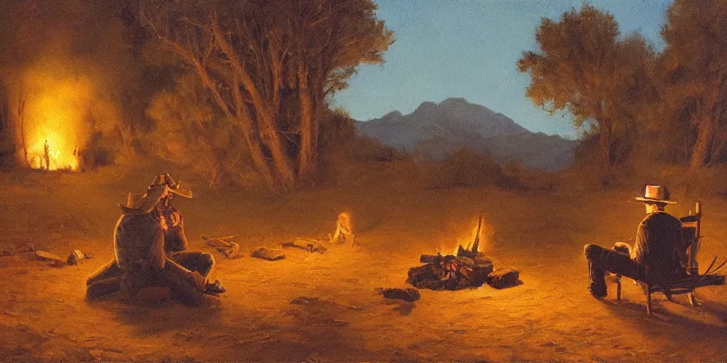 Prompt: in the old west, at a campfire at night, al sleeping bandit ( ( alone ) and a young boy ( ( alone ) ) watches the stars and his horse grazes, in the style of fredrick remington, oil painting, warm color palate, astral