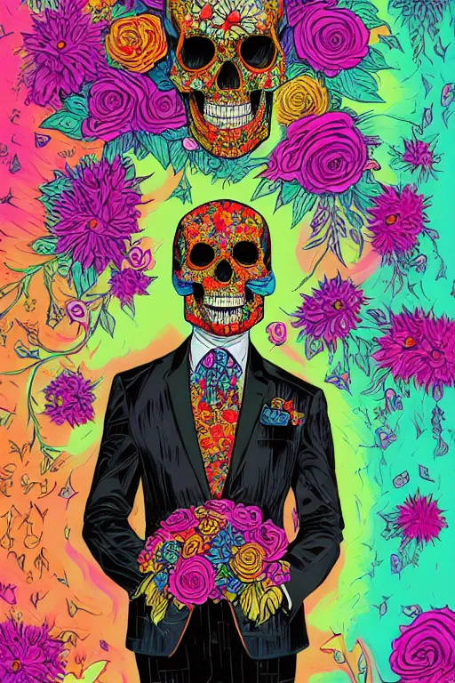 Image similar to large skull painted with vivid flowers on a black suit and tie by Jen Bartel and Dan Mumford and Satoshi Kon, gouache illustration