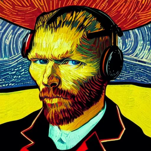 Image similar to Illustrated by Shepard Fairey and Greg Rutkpwski | Portrait of a Cyberpunk Van Gogh with VR helmet, surrounded by cables