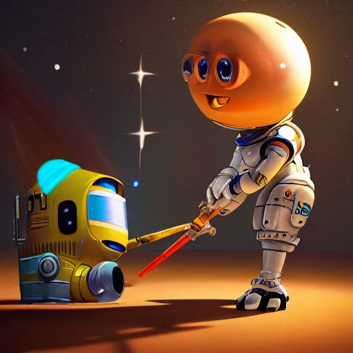 Image similar to space robot holding big paintbrushes, painting a canvas, cute, pixar, galaxy, photorealism 4 k, octane render, clean design, beautiful light