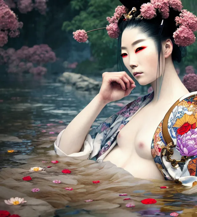 Image similar to baroque portrait of one yakusa biomechanic geisha with tattoos is lying down in a river made of thousand of flowers, backlighting, photorealistic, octane render, 8 k, depth of field, art by artgerm and greg rutkowski and alphonse mucha and uang guangjian