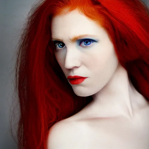 Image similar to a close up portrait of a pale woman vampire with red hair, award winning photography, ultra high detail, hd, 8k, by Martin Schoeller