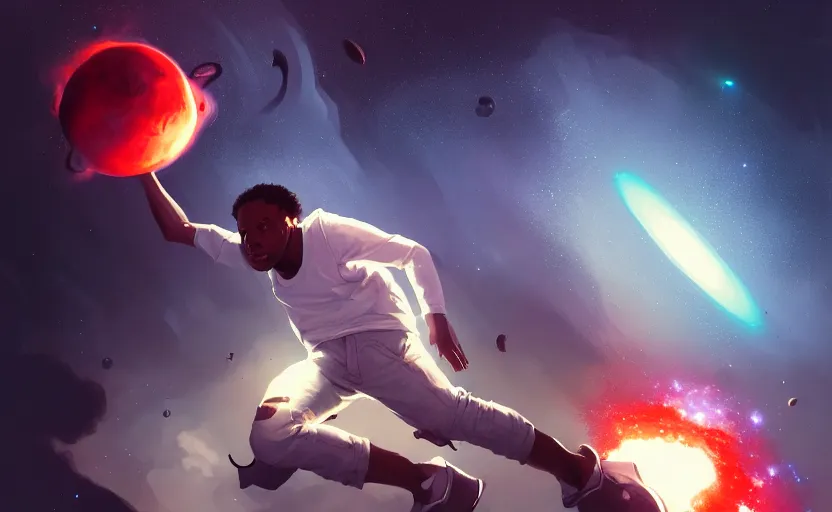 Image similar to handsome black genius hacking the metaverse, vr headset, white t - shirt and jordans, flying through spacetime, exploding nebulae, highly detailed, digital painting, artstation, concept art, smooth, sharp focus, illustration, art by wlop, mars ravelo and greg rutkowski