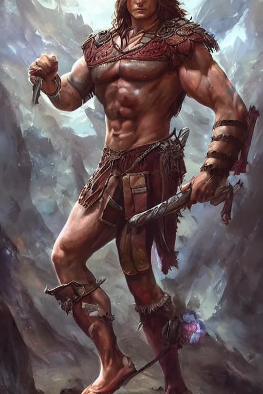 Image similar to portrait of pretty muscular sam winchester as a irish warrior mage alternative universe, muscular body tattooed, d & d!, fantasy style, sharp focus!, ultra detailed, art by artgerm and peter andrew jones, wlop