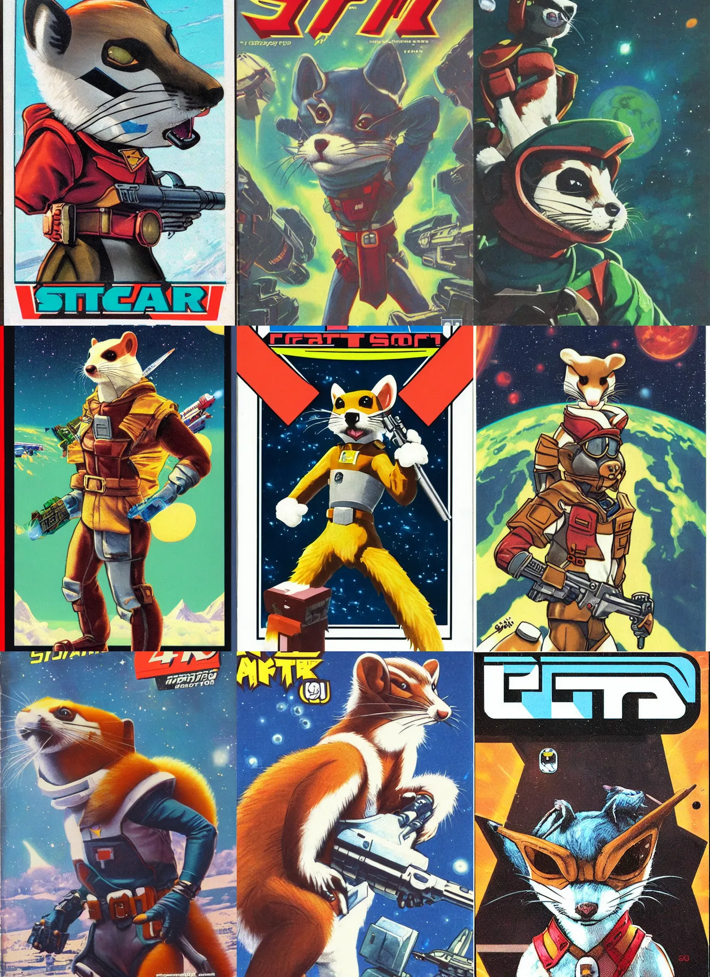 Prompt: 1 9 8 0 s video game art portrait of anthropomorphic stoat from starfox fursona furry stoat in a space mercenary uniform, looking heroic, magazine scan, 8 0 s game box art