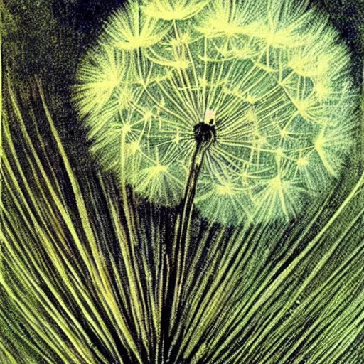 Image similar to a beautiful fairytale painting of a dandelion seed that is also a fairy. the dandelion seed is the body of the fairy. beautiful clear painting by arthur rackham