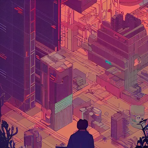 Image similar to Stunning isometric illustration of single cyberpunk explorer overlooking lush forest , highly detailed, midnight, small glowing orbs by Victo Ngai and James Gilleard , Moebius, Laurie Greasley