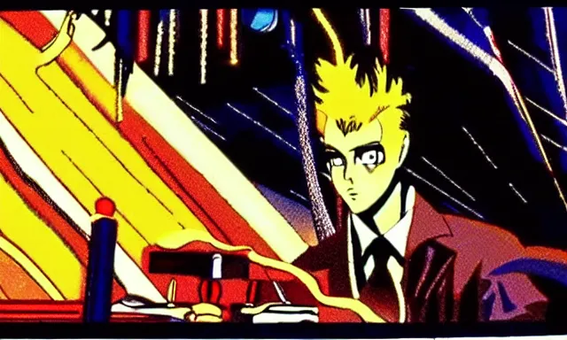 Image similar to full - color cinematic movie still from the 1 9 8 2 anime - adaptation by osamu tezuka of blade runner. science - fiction ; action ; neon ; gritty ; dystopian ; detective mystery.