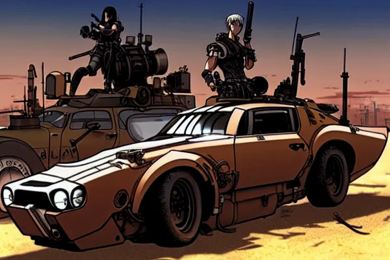 Prompt: masamune shirow dieselpunk mad max mustang mach 1 with guns installed makoto shinkai takashi takeuchi studio ghibli, akihiko yoshida