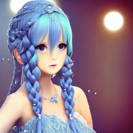 Prompt: 3D advanced digital art, a very cute and gorgeous woman wearing a dress made of water , full body, very long wavy azure blue hair, braided hair, white highlights in hair, azure blue watery eyes, full round face, japanese beautiful cute young J-Pop idol actress girl face, cinematic lighting, mid-shot, highly intricately detailed, trending on pixiv, Artstation, DeviantArt, NicoVideo, Steven Artgerm Lau, WLOP, RossDraws, RuanJia, James Jean, Andrei Riabovitchev, Totorrl, Marc Simonetti, Visual Key, and Sakimichan