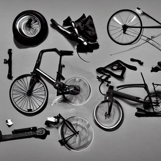 Image similar to parts of a bicycle scattered on a table, black and white, trending on artstation, hd