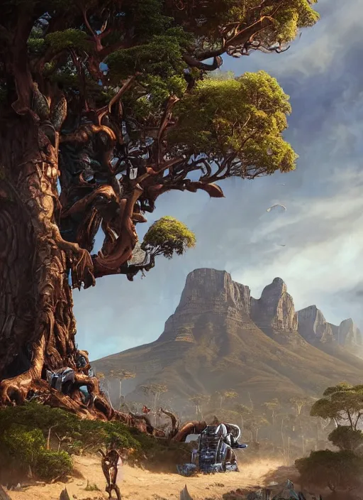 Image similar to hyper realistic robot attacking cape town city beautiful details, gnarly trees, strong composition, poster painted by greg rutkowski, concept art, arcane style, hearthstone wizards of the coast norman rockwell, james gurney and greg rutkowski weta studio, and lucasfilm and best of artstation