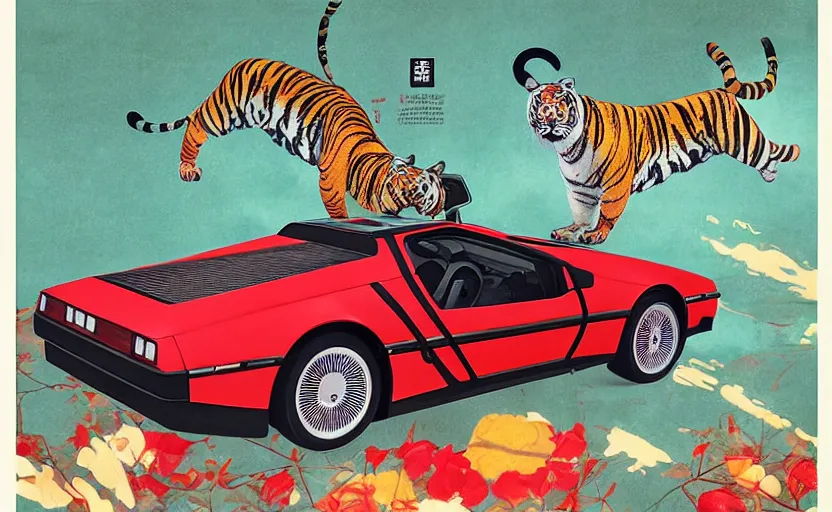 Image similar to a red delorean with a yellow tiger, art by hsiao - ron cheng and utagawa kunisada in a magazine collage, # de 9 5 f 0