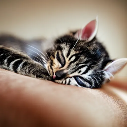 Image similar to portrait photo of a sleeping kitten, indoors, f 1. 4, golden ratio, rim light, top light, overcast day