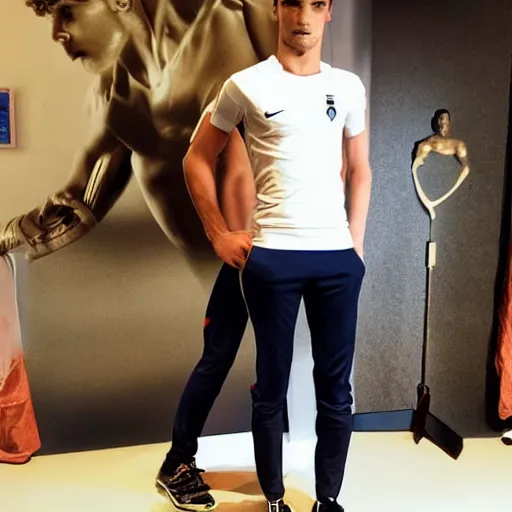 Image similar to a realistic detailed photo of a guy who is an attractive humanoid who is half robot and half humanoid, who is a male android, soccer player antoine griezmann, shiny skin, posing like a statue, blank stare, in a living room, on display, showing off his muscles