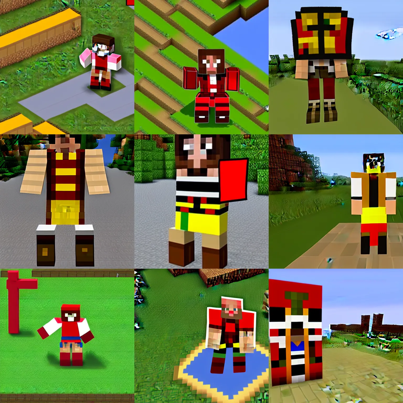 Prompt: gladiator wearing a road sign on his kilt, red and yellow road sign armor, in minecraft