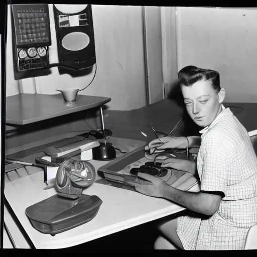 Prompt: an early 1950s photo of someone sitting at a computer making a donut in blender3d