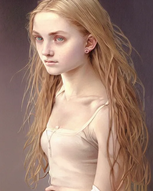 Image similar to portrait of 1 6 - year - old woman with dirty blonde hair down to her waist, pale eyebrows and protuberant silver eyes, wearing white shirt, hyper realistic face, beautiful eyes, fantasy art, in the style of greg rutkowski, intricate, alphonse mucha, hyper detailed, smooth