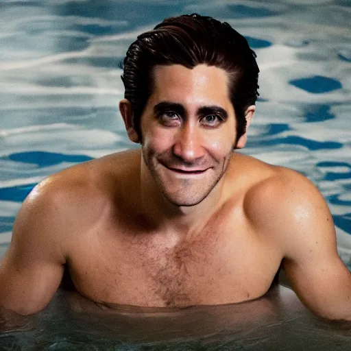 Image similar to move poster cinestill of Jake Gyllenhaal sitting in a hot tub in the movie Waiting for Kristin