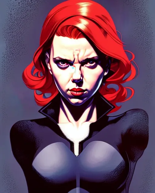 Image similar to rafael albuquerque comic art, peter mohrbacher, phil noto, artgerm, pretty scarlett johansson black widow, symmetrical eyes, long red hair