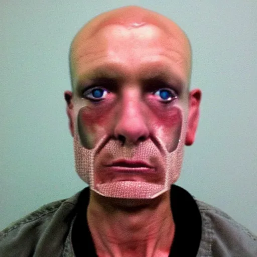 Prompt: grainy photo of an ugly man, wearing bionic implants, cyborg, cyborg, cyborg, criminal, mugshot background