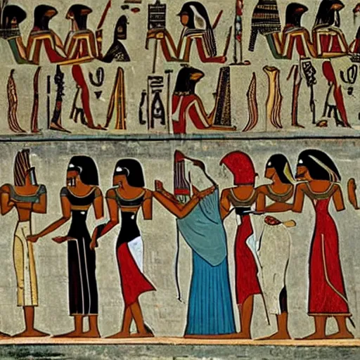 Image similar to egyptian painting of people taking a group selfie